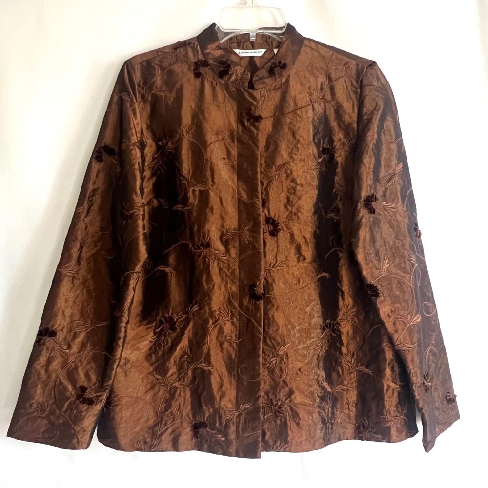 Vtg Laura Ashley Taffeta Jacket S Embroidered Chocolate-Copper Mandarin Collar
